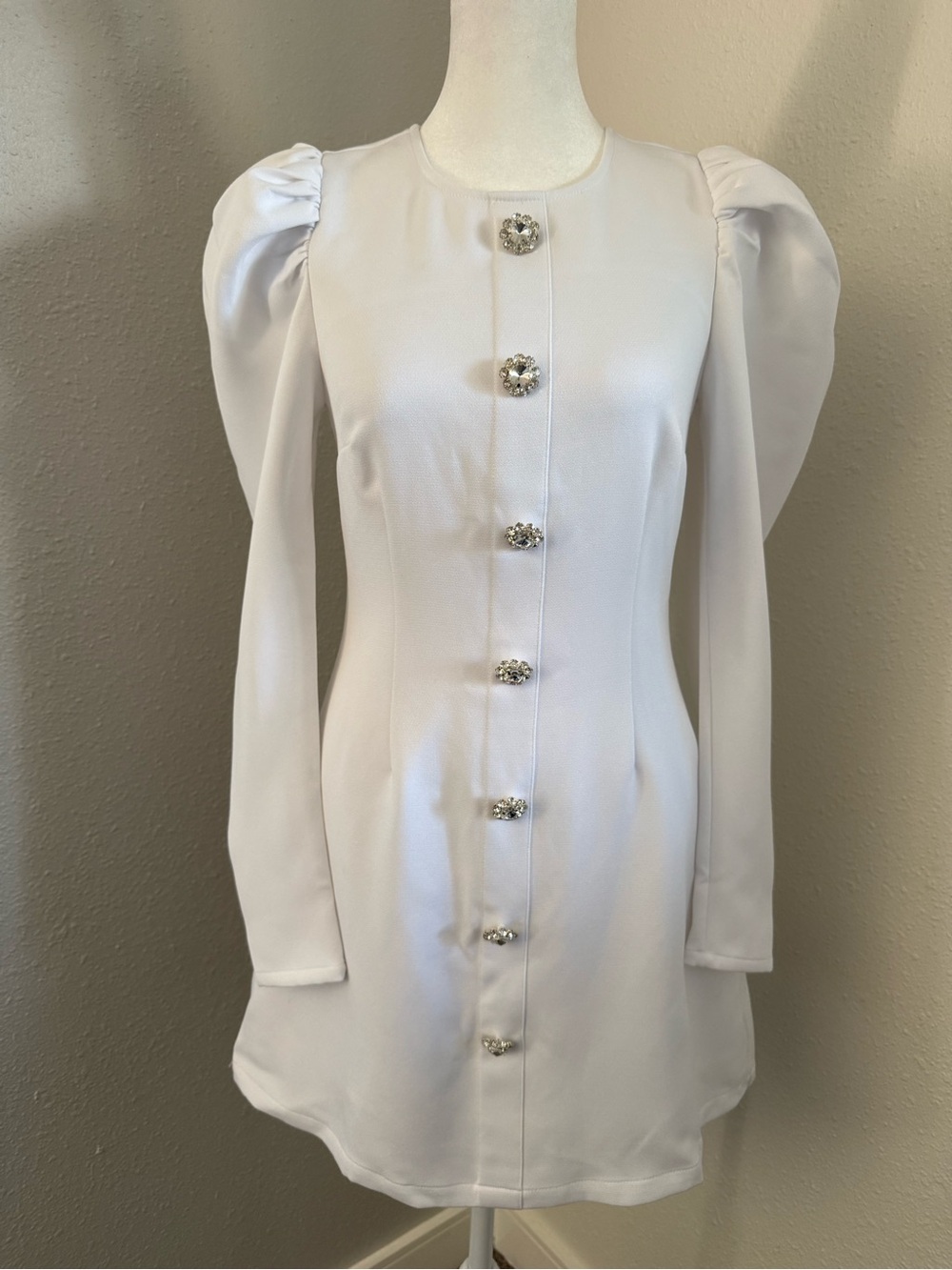 Danielle Bernstein White Puff Sleeve Crystal Button Mini Dress NWT XS